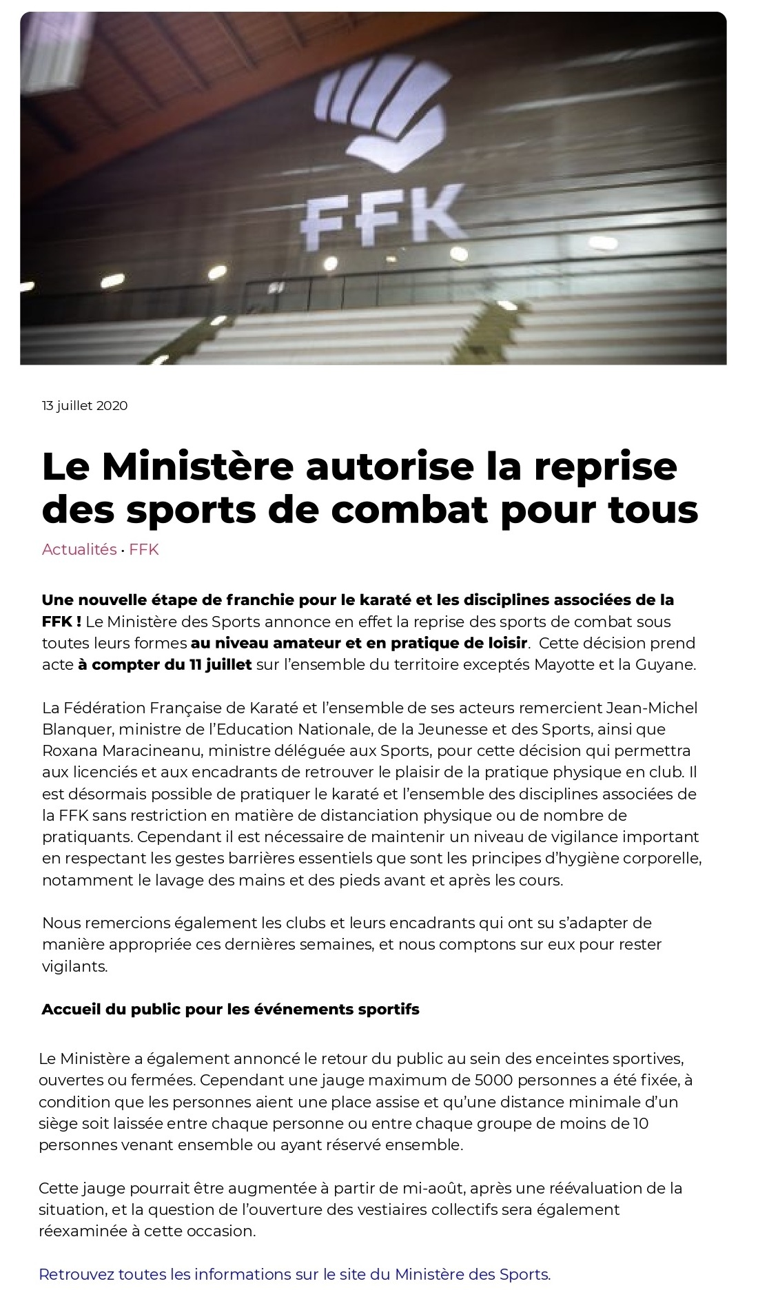 Le Ministere autorise la reprise des sports de combat pour tous