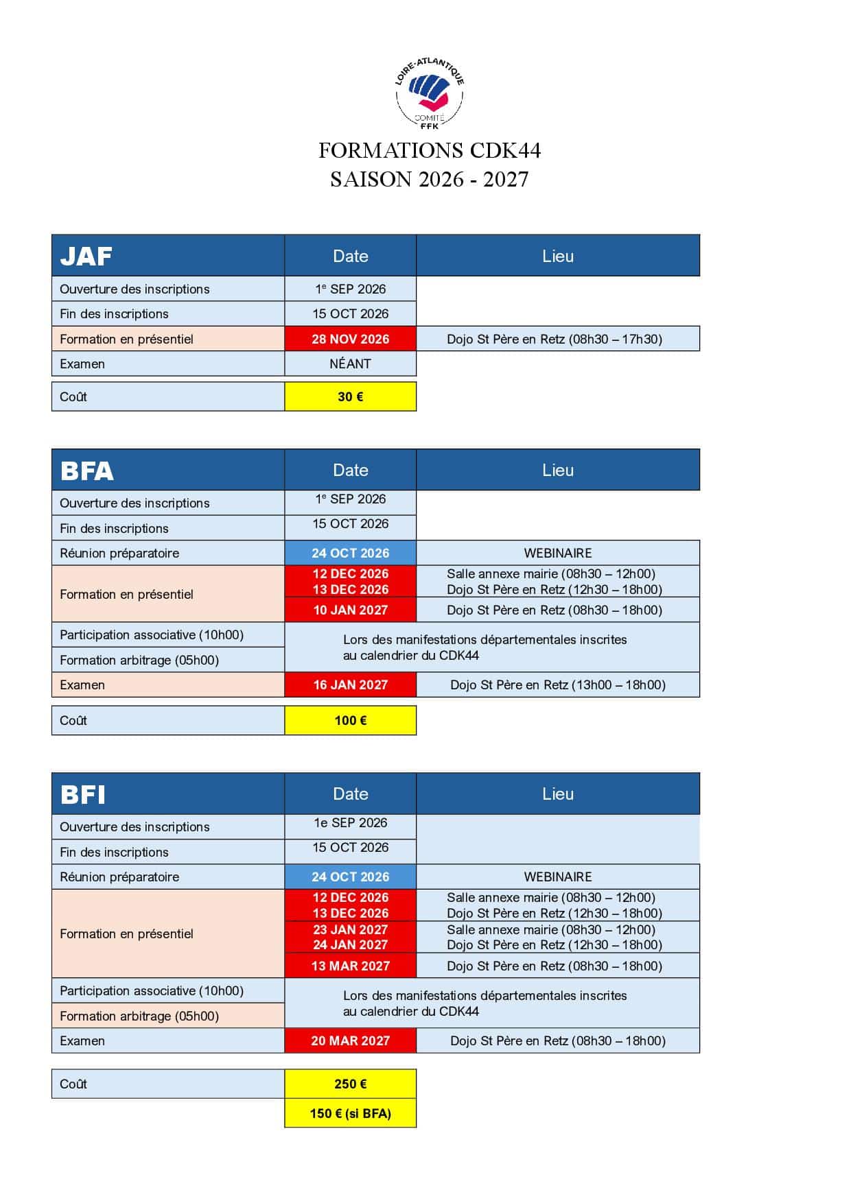 DATES DES FORMATIONS JAF - BFA - BFI _ SAISON 2026-2027