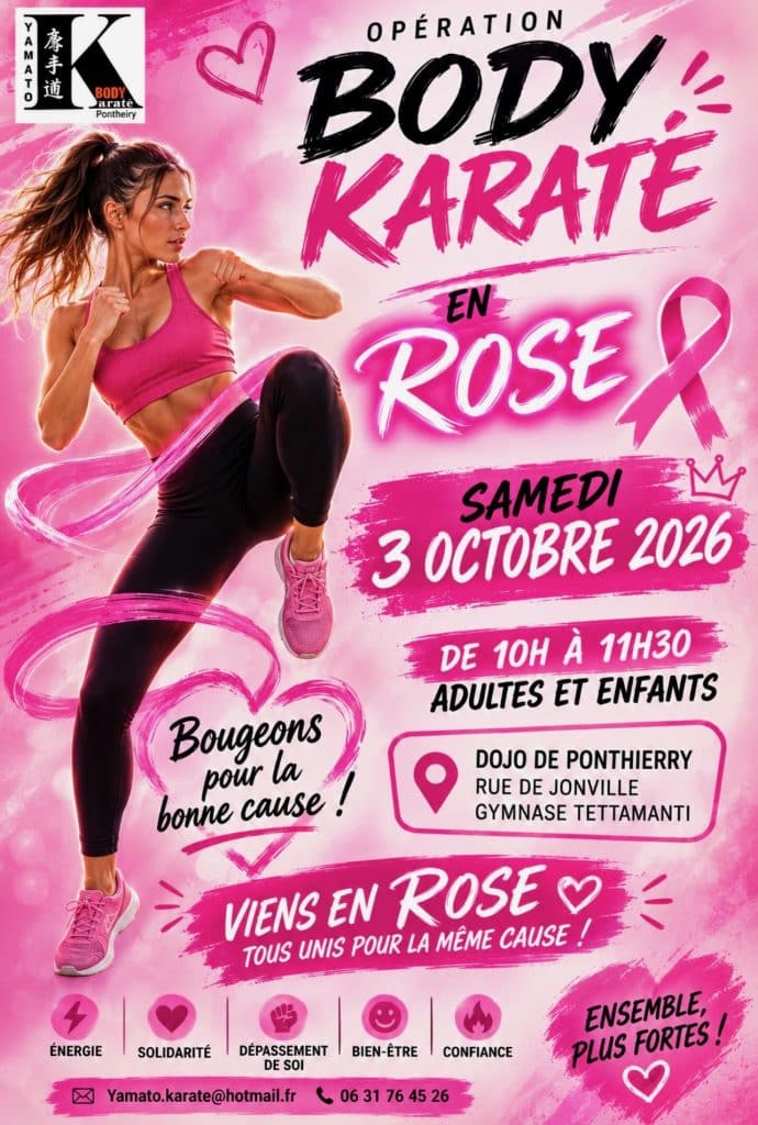 Affiche Opération Body Karaté en Rose, samedi 3 octobre 2026 de 10h à 11h30, dojo de Ponthierry, gymnase Tettamanti